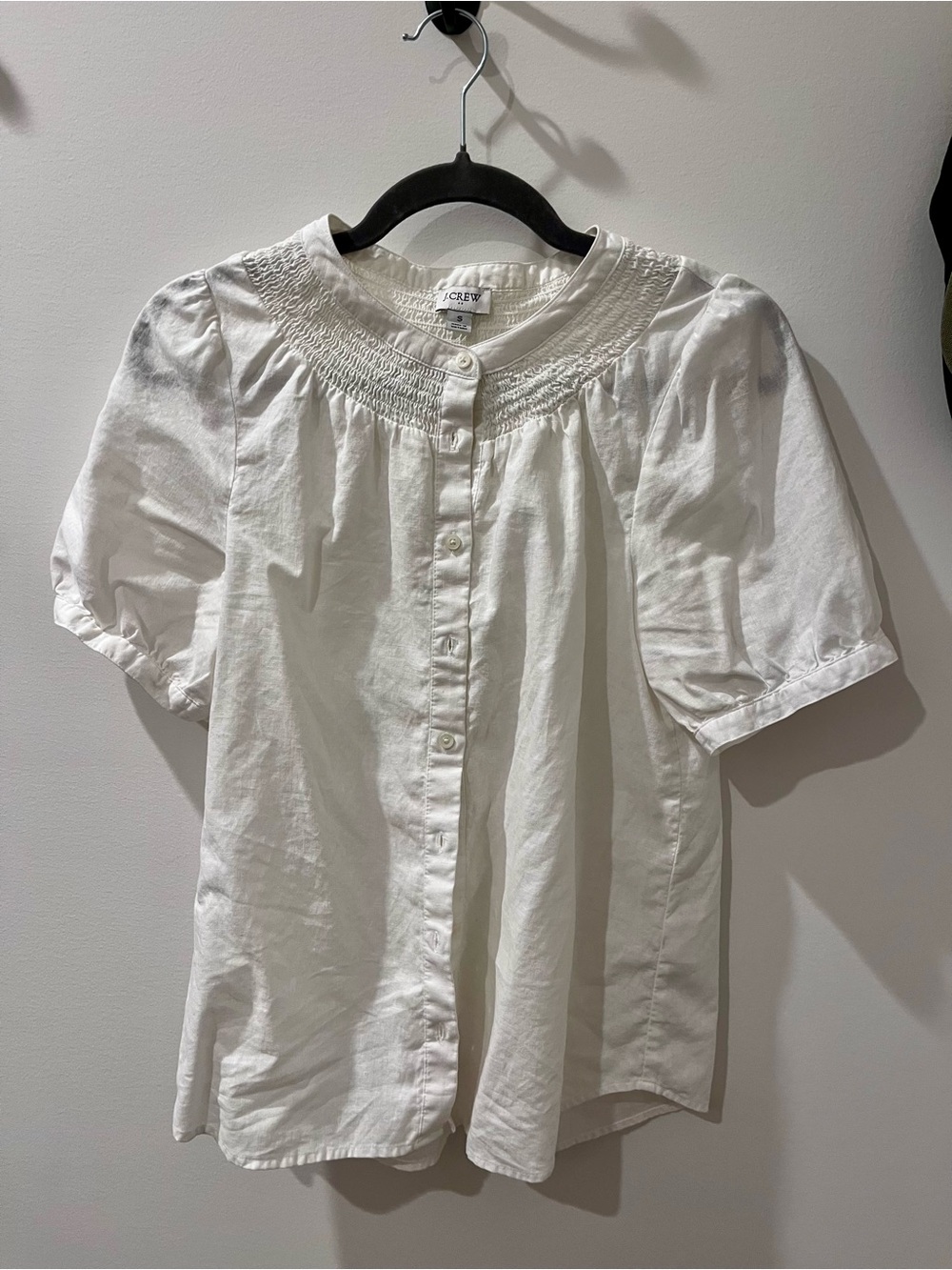J. Crew White Smocked Button-Front Blouse
